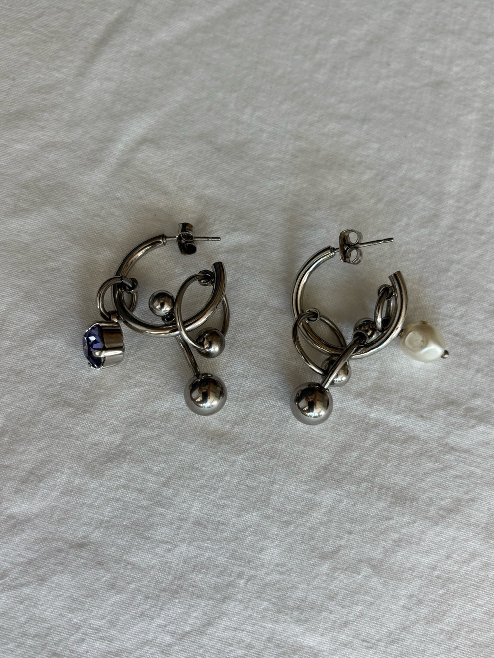 Justine Clenquet Silver Hoop Drop Earrings with Purple Crystal and Pearl Accents